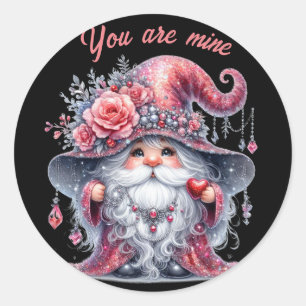 Modern silver valentine red gnome classic round sticker