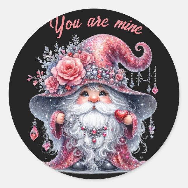 Modern silver valentine red gnome classic round sticker (Front)