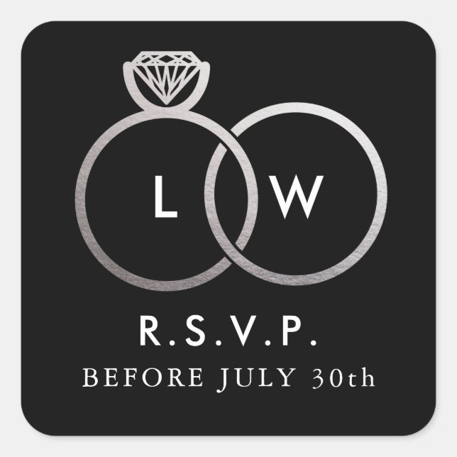 Modern Silver Wedding Rings RSVP Reply Square Stic Sticker (Front)