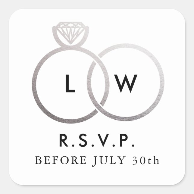 Modern Silver Wedding Rings RSVP Reply Square Sticker (Front)