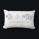 Modern silver white Mr and Mrs wedding keepsake Lumbar Pillow<br><div class="desc">Modern chic silver foil Mr and Mrs wedding keepsake names with a faux silver calligraphy script,  add your names and your wedding date with a geometric frame border,  the white colour background is fully editable.</div>