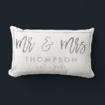 Modern silver white Mr and Mrs wedding keepsake Lumbar Pillow<br><div class="desc">Modern chic silver foil Mr and Mrs wedding keepsake names with a faux silver calligraphy script,  add your names and your wedding date with a geometric frame border,  the white colour background is fully editable.</div>