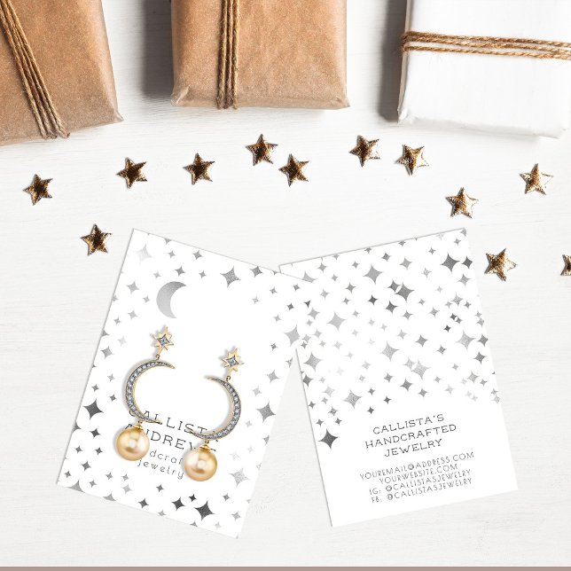 Modern Silver White Star Moon Earring Display Card (Creator Uploaded)