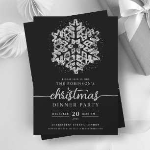 Modern Silver Winter Snowflake Christmas Black Invitation