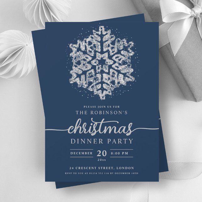 Modern Silver Winter Snowflake Christmas Navy  Invitation (Modern Silver Winter Snowflake Christmas Navy Invitation)