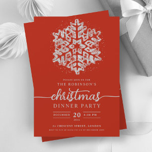 Modern Silver Winter Snowflake Christmas Red Invitation