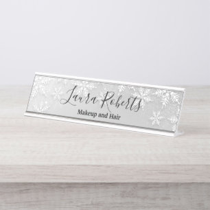 Modern Silver Winter Snowflakes Desk Name Plate