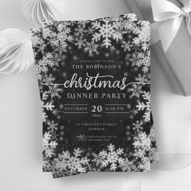 Modern Silver Winter Wonderland Christmas Black Invitation (Modern Silver Winter Wonderland Christmas Black Invitation)