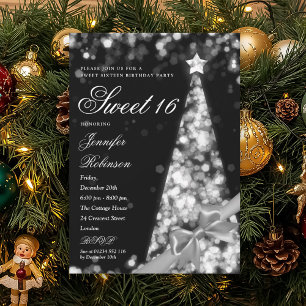 Modern Silver Xmas Tree Ribbon Sweet 16 Birthday Invitation