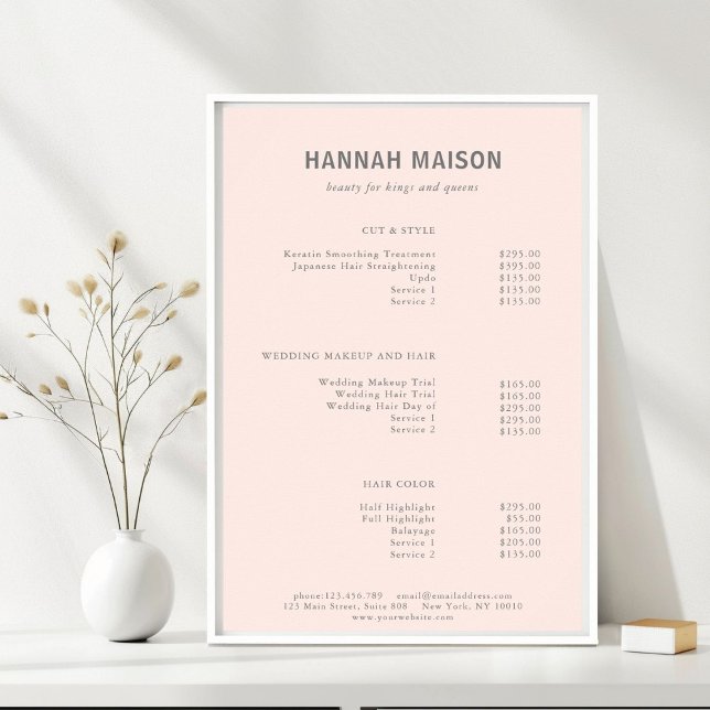 Modern Simpel, Professional, Salon, Price List Poster (Modern, Simple, Professional, Salon, Light-Pink & Gray, Price List Poster, for Service Providers.)