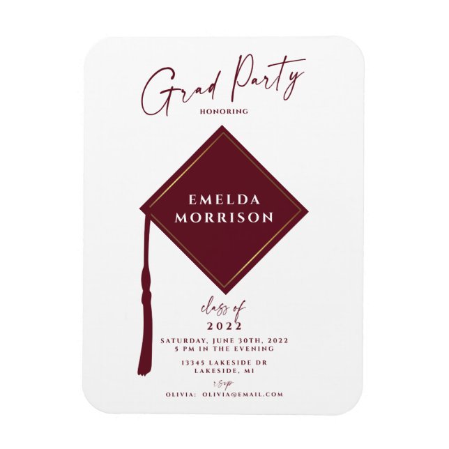 Modern Simple 2 Photo Burgundy Graduation Party Magnet (Vertical)