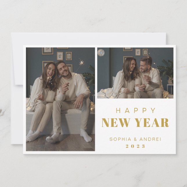Modern Simple 2 Photo Collage Gold New Year Holiday Card (Front)