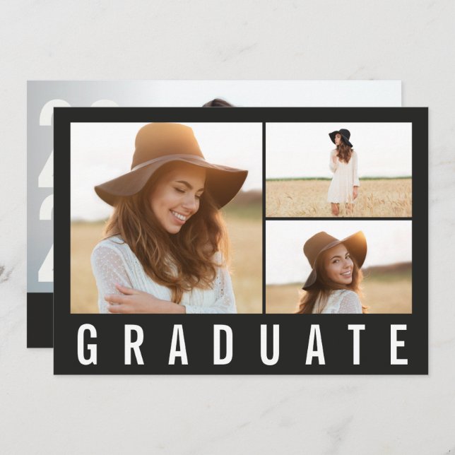 Modern simple 3 photo graduation simple black chic announcement (Front/Back)