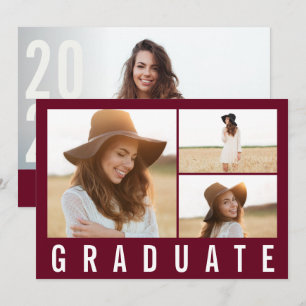 Modern simple 3 photo graduation simple burgundy announcement