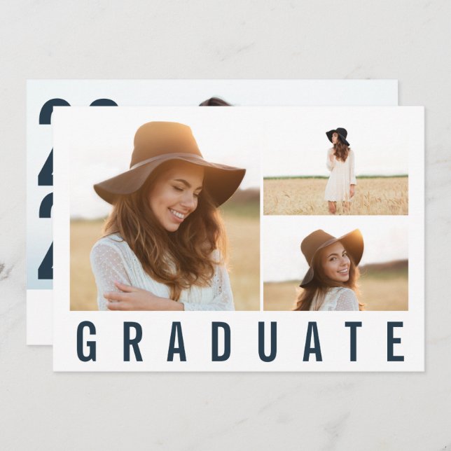 Modern simple 3 photo graduation simple navy blue announcement (Front/Back)