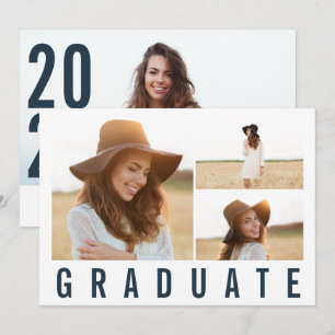 Modern simple 3 photo graduation simple navy blue announcement