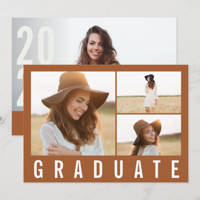 Modern simple 3 photo graduation simple terracotta announcement (Front/Back)