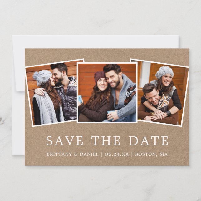 Modern Simple 3 Photo Save The Date Kraft (Front)