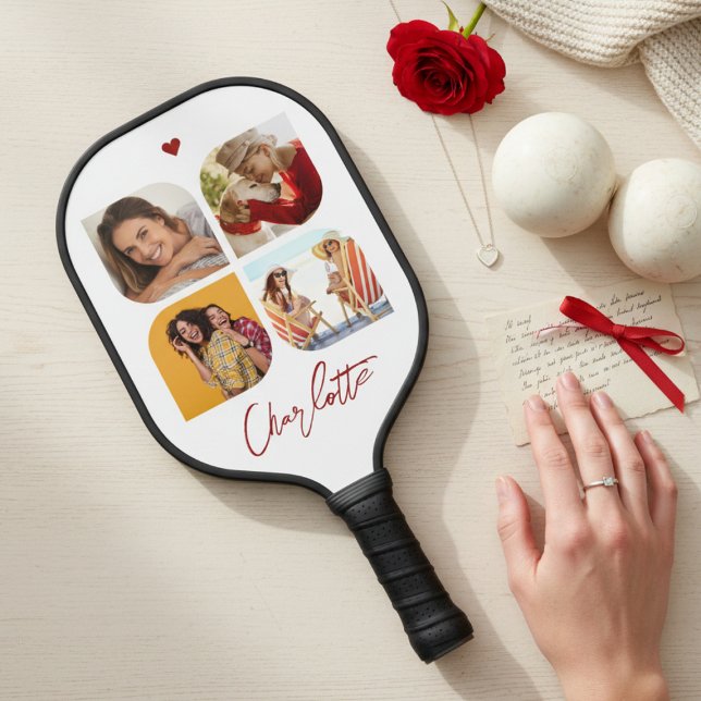 Modern Simple 4 Photo Personalized Name Pickleball Paddle (Creator Uploaded)
