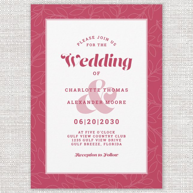 Modern Simple Abstract Leaves | Magenta Red White Invitation (Creator Uploaded)