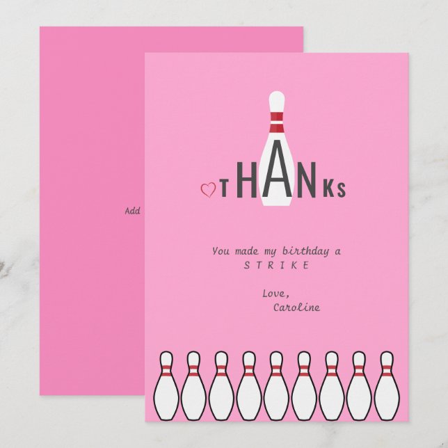 Modern Simple Any Age Pink Bowling Birthday Party Thank You Card (Front/Back)