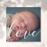 Modern Simple Baby Photo Script Love Faux Canvas Print<br><div class="desc">Personalize with your favourite baby photo,  featuring a beautiful white script font of the word love,  creating a unique memory.  Perfect for your special little one's nursery or for a room in your home that everyone can enjoy. A beautiful keepsake to treasure! Designed by Thisisnotme©</div>
