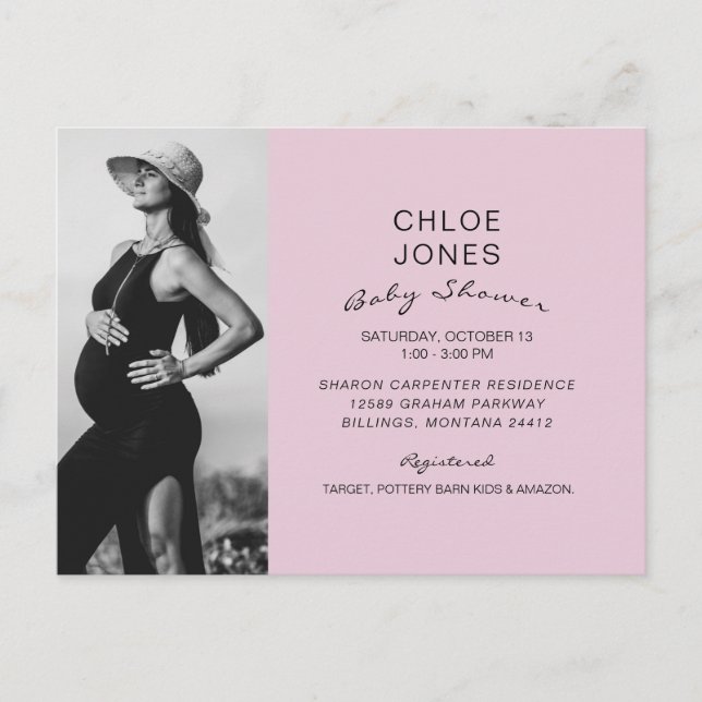 Modern Simple Baby Shower Photo Pink Invitation Postcard (Front)