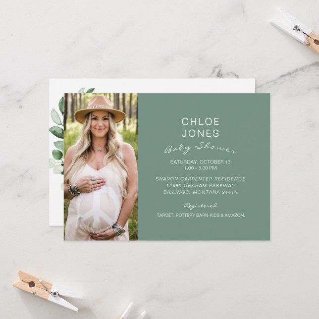 Modern Simple Baby Shower Photo Sage Invitation (Front/Back In Situ)