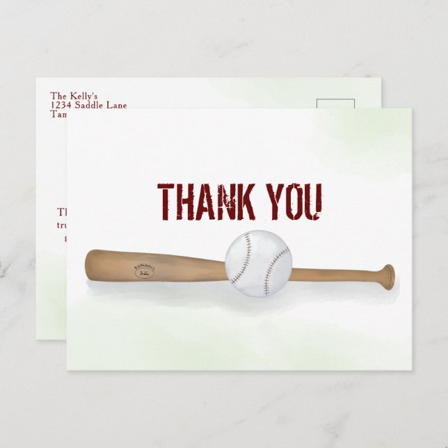 Modern Simple Baseball Thank You Watercolor Postcard (Front/Back)