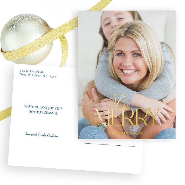 Modern Simple Be Merry Typography 1 Photo Foil Holiday Postcard (Creator Uploaded)