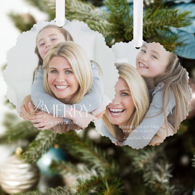 Modern Simple Be Merry Typography 1 Photo Ornament Card (Creator Uploaded)