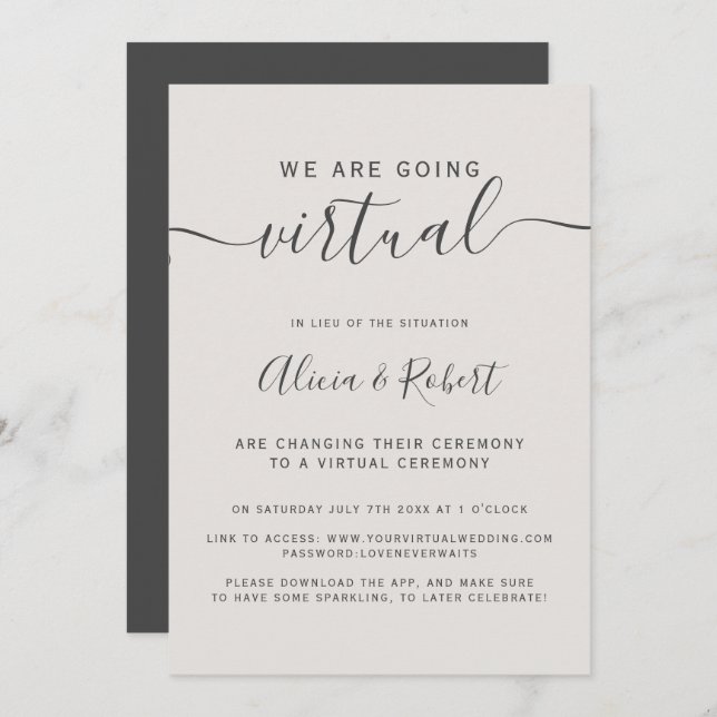 Modern simple beige grey font virtual wedding invitation (Front/Back)