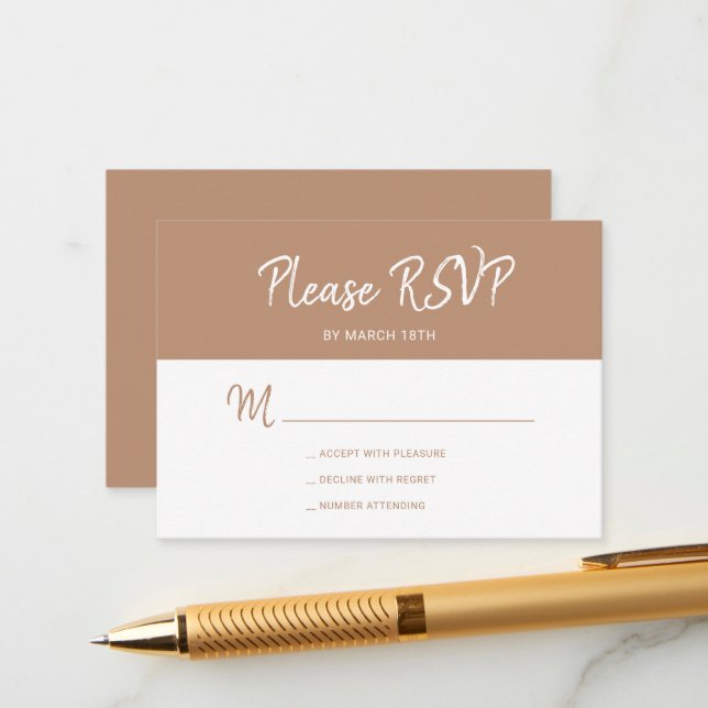 Modern simple beige tan script wedding RSVP Enclosure Card (Front/Back In Situ)