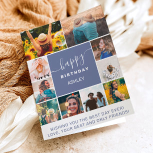 Modern simple birthday blue 10 photo collage grid card