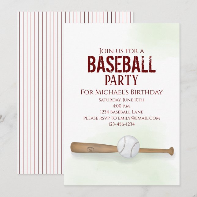 Modern Simple Birthday Watercolor Baseball Cute Invitation (Front/Back)