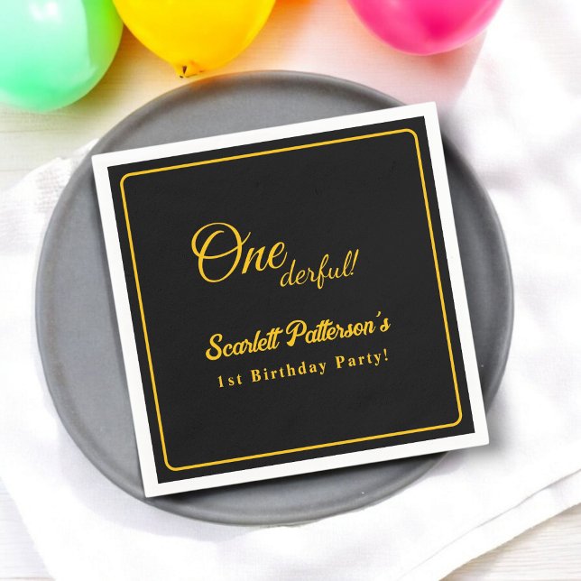 Modern Simple Black And Gold Elegant 1st Birthday Napkin (Creator Uploaded)