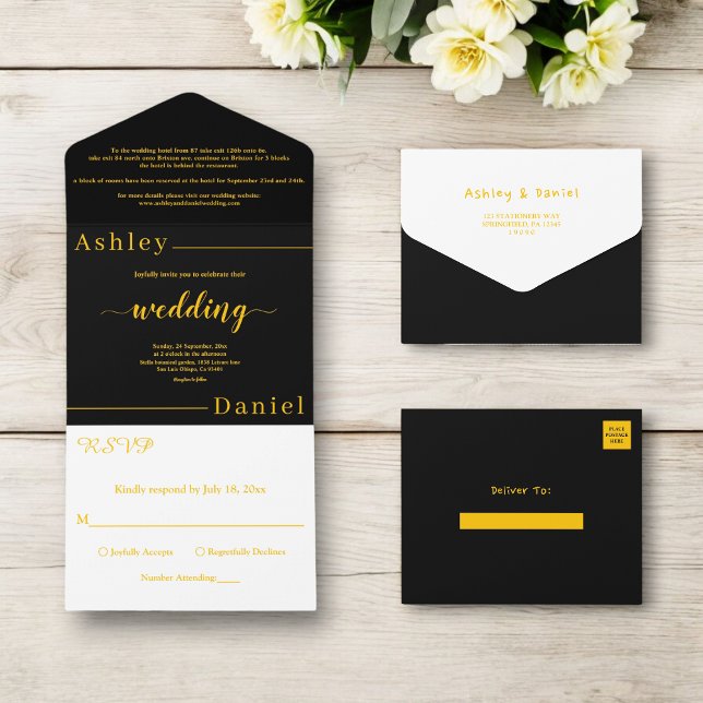 Modern Simple Black And Gold Elegant Chic Wedding All In One Invitation (Creator Uploaded)
