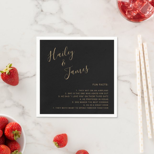 Modern Simple Black and Gold Fun Facts Wedding Napkin (Insitu)
