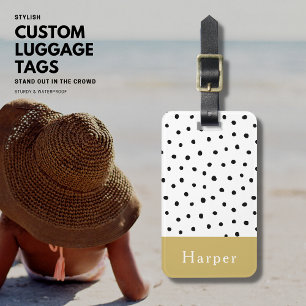 Modern Simple Black and Gold Monogram Polka Dot Luggage Tag