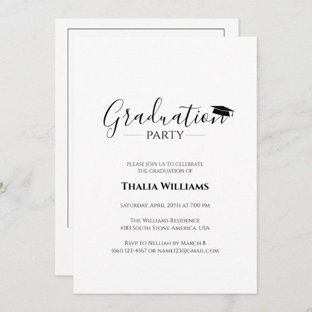 Modern Simple Black and White Graduation Party Invitation (Front/Back)