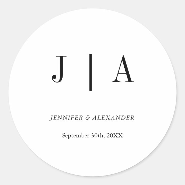 Modern Simple Black And White Monogram Couple Name Classic Round Sticker (Front)