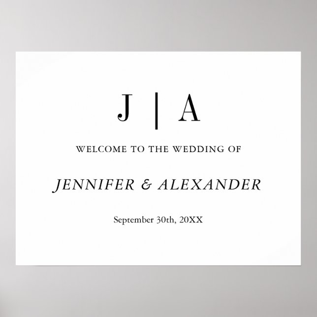 Modern Simple Black And White Monogram Wedding Poster (Front)