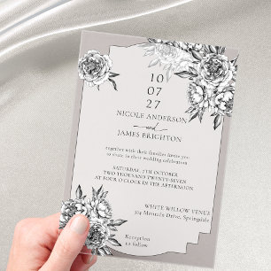 Modern simple black and white peonies wedding acrylic invitations