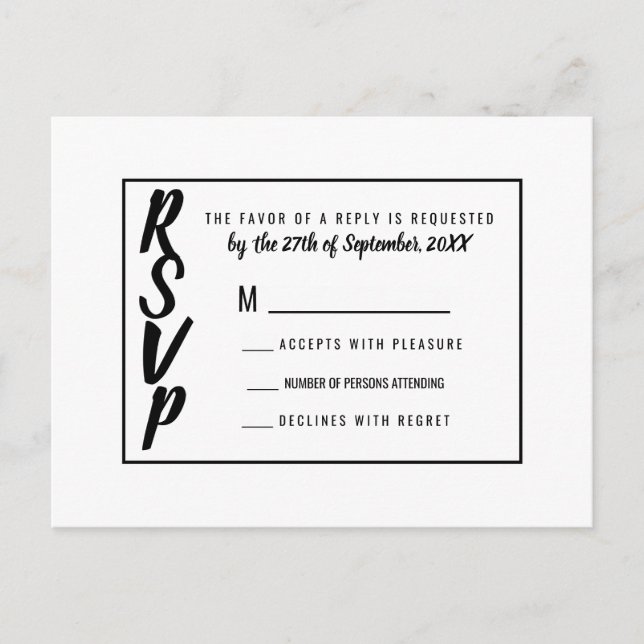 Modern Simple Black and White Pinstripe RSVP Invitation Postcard (Front)