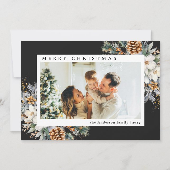 Modern Simple Black Botanical | Photo Christmas Holiday Card (Front)