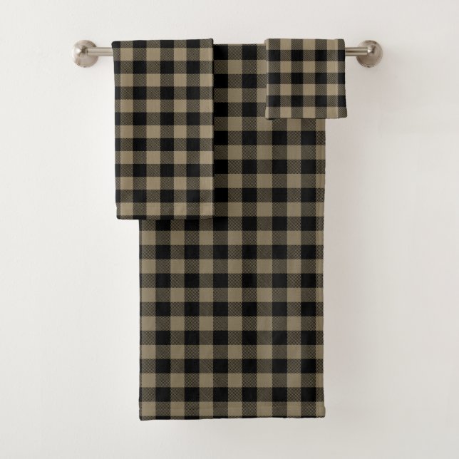 Modern Simple Black Brown Buffalo Plaid  Bath Towel Set (Insitu)