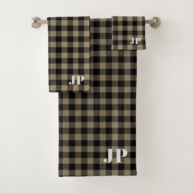 Modern Simple Black Brown Buffalo Plaid  Bath Towel Set (Insitu)
