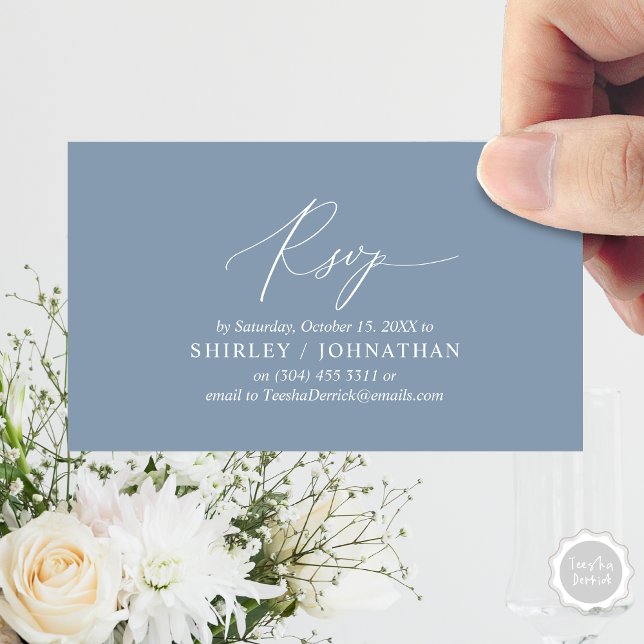 Modern Simple Black Calligraphy, Wedding RSVP Enclosure Card (Wedding Dinner Invitation RSVP Enclosed Card, Online, Email, Modern Romantic, in Dusty Blue)