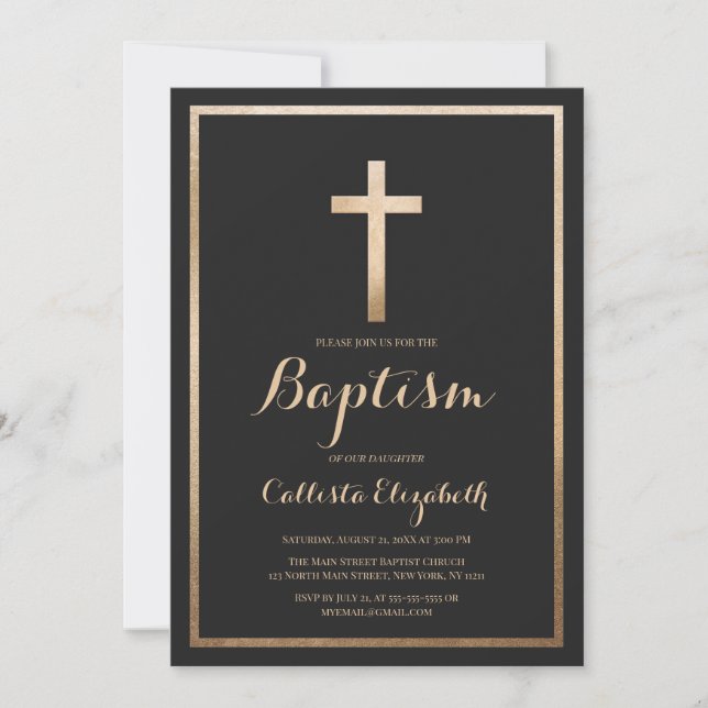 Modern Simple Black Gold Cross Border Baptism Invitation (Front)