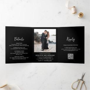 Modern Simple Black Goth QR Code Photo Wedding Tri-Fold Invitation
